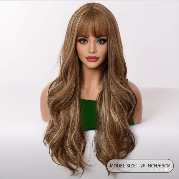 Elegant Brown Wavy Full Pullover Wig with Bangs - Picture 3 of 6